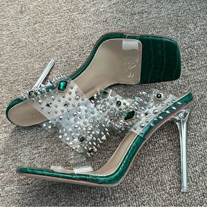 Azalea Wang Women Size 8 Studded Square Open Toe Emerald Green Mya Heels